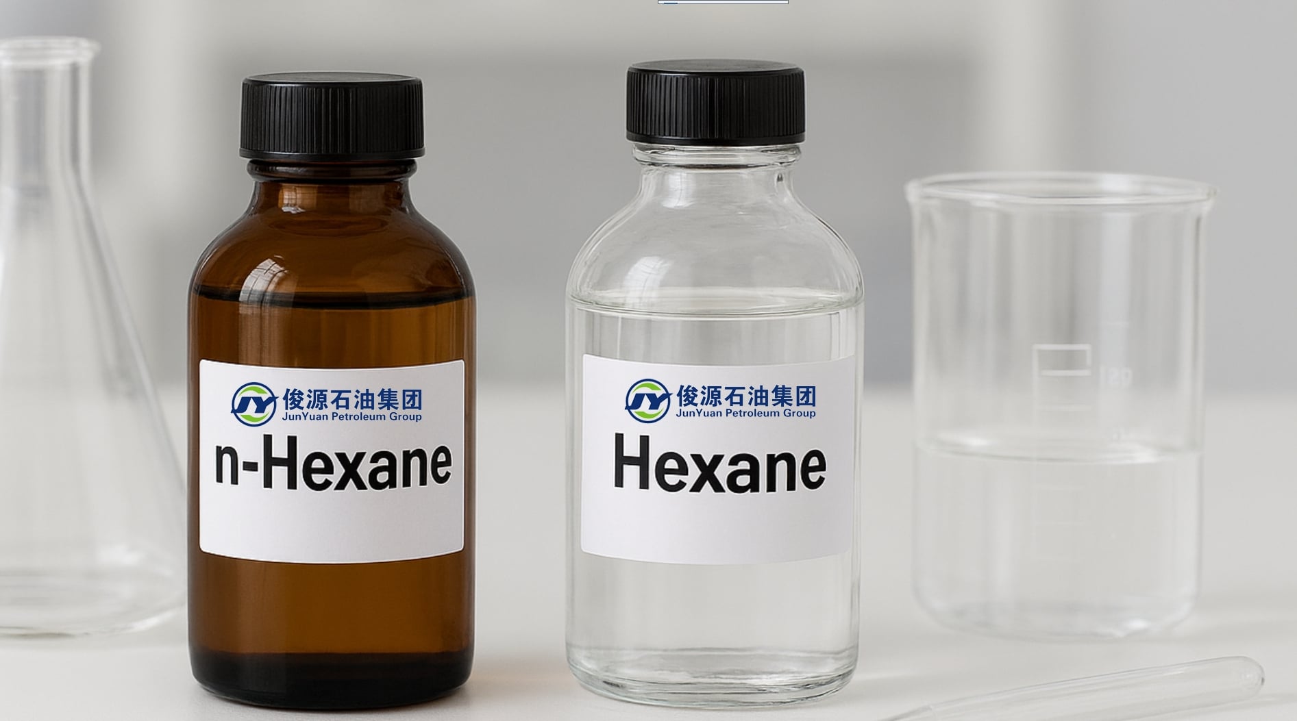 Laboratory bottles labeled "n-Hexane" and "Hexane" with glassware on a white surface.