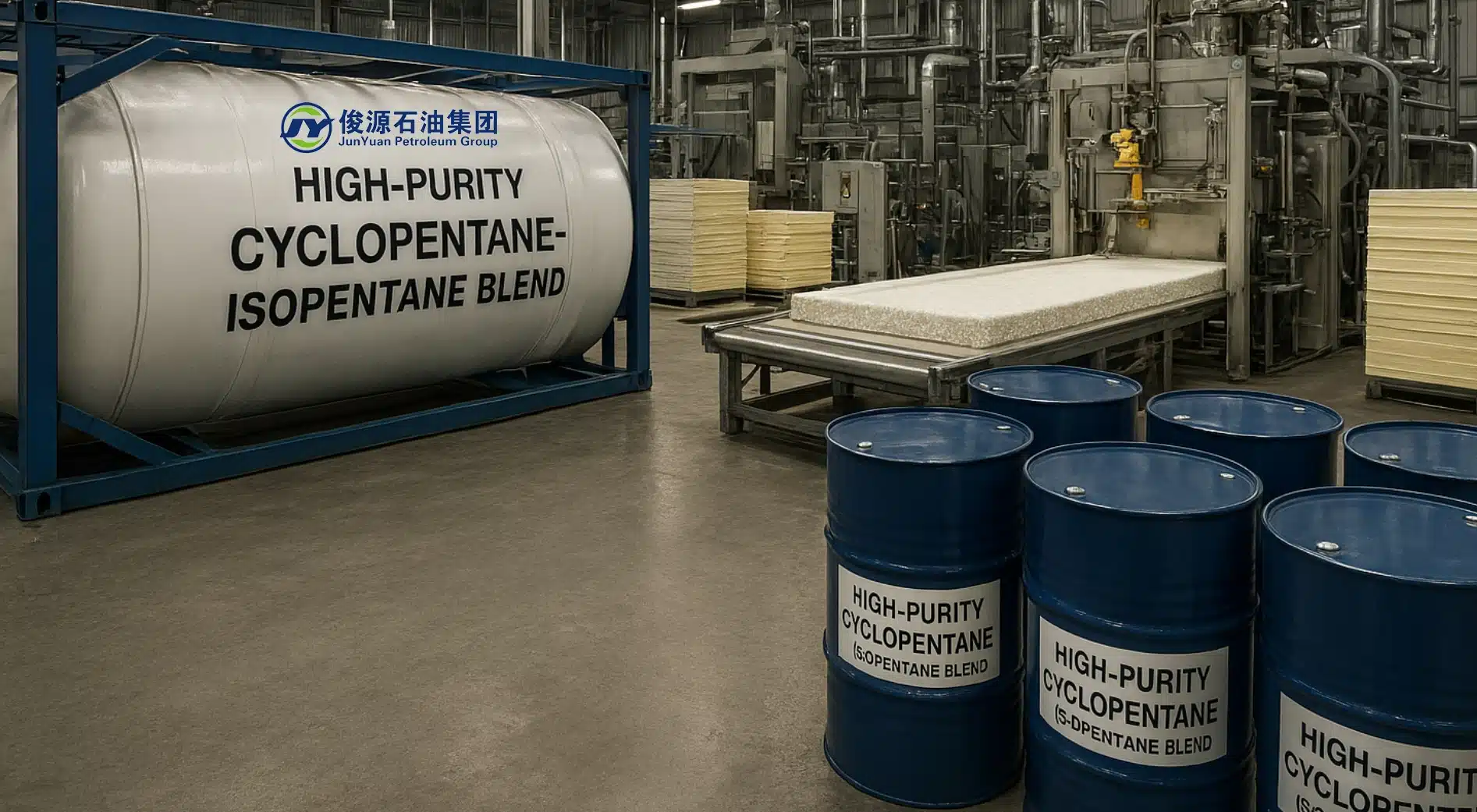 High-purity Cyclopentane–Isopentane blend in ISO tank and drums inside polyurethane foam production facility