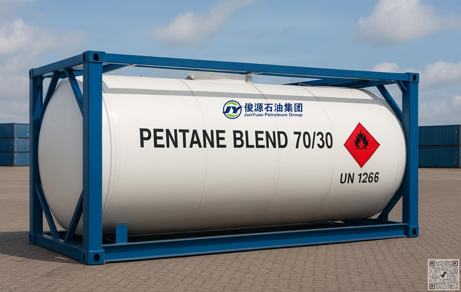 ISO tank container labeled "Pentane Blend 70/30" with flammable hazard symbol, ready for shipment.