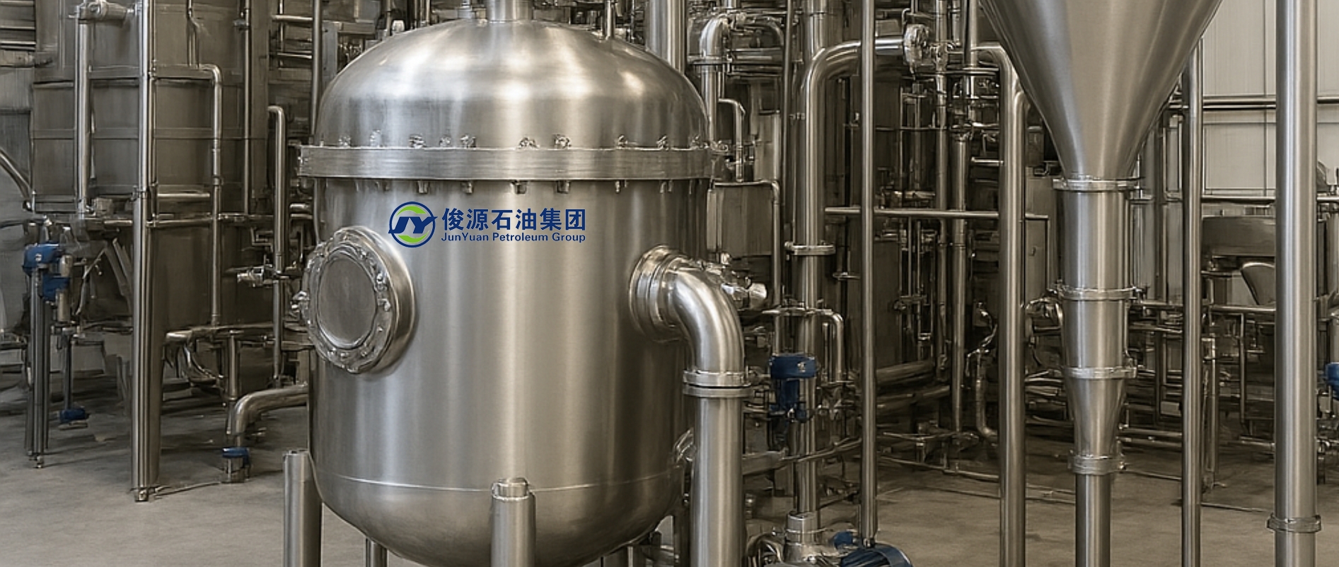 Stainless steel solvent extraction equipment inside a modern edible oil processing plant using food-grade hexane.