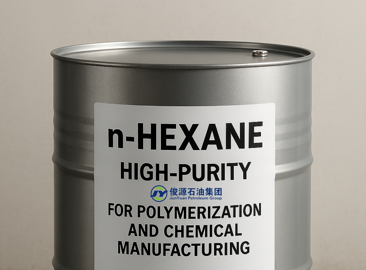 A silver metal drum labeled “n-HEXANE HIGH-PURITY” standing on a concrete floor in front of a light gray industrial wall.