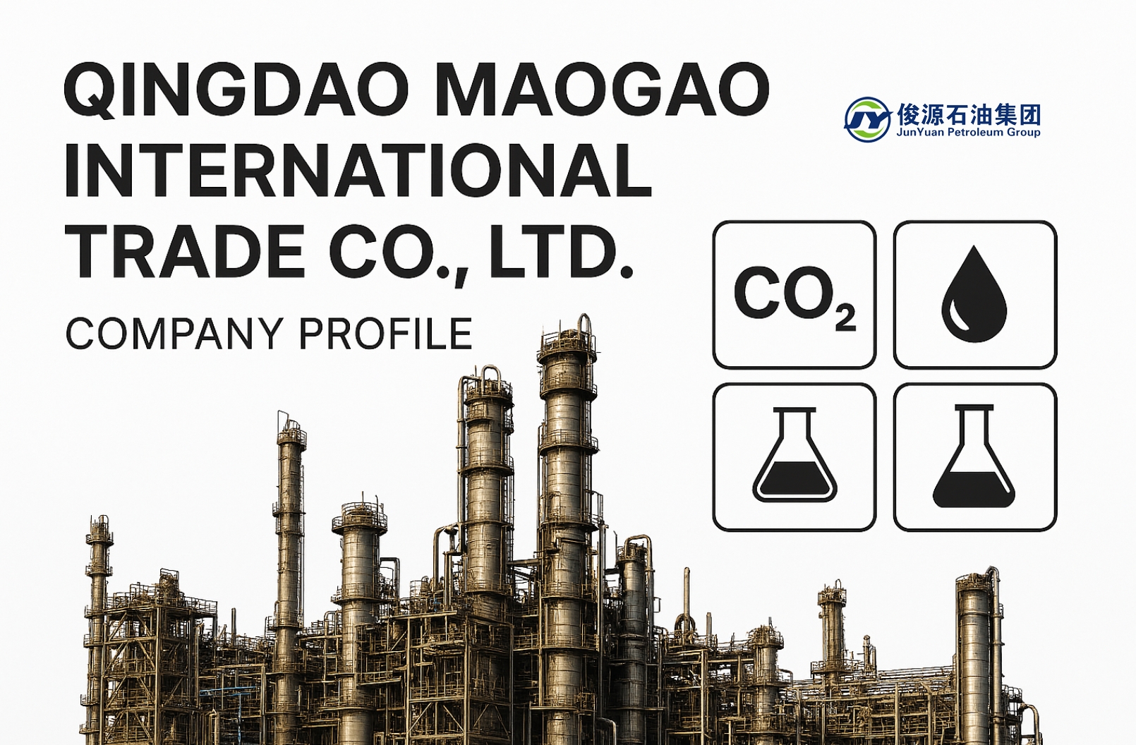 Industrial chemical plant with company name and chemical icons on white background