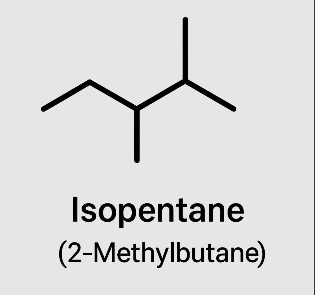 Chemical structure diagram of Isopentane (2‑Methylbutane) showing its branched five‑carbon alkane skeleton.