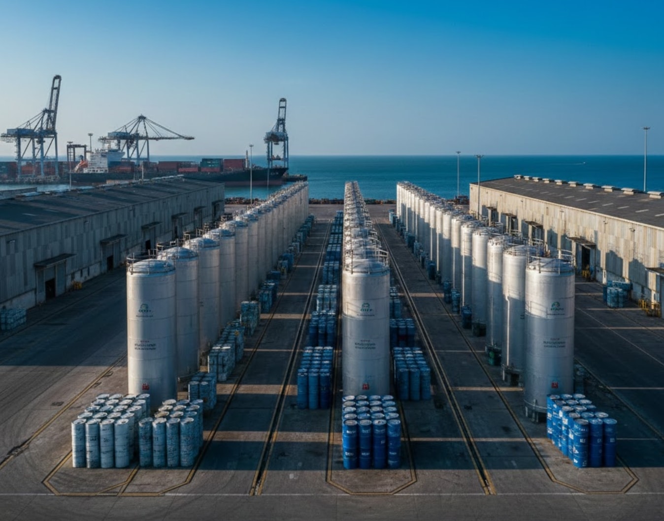 Rows of industrial ISO tanks and blue steel drums at a large maritime shipping port terminal under a clear blue sky, representing chemical logistics at Onne Port.