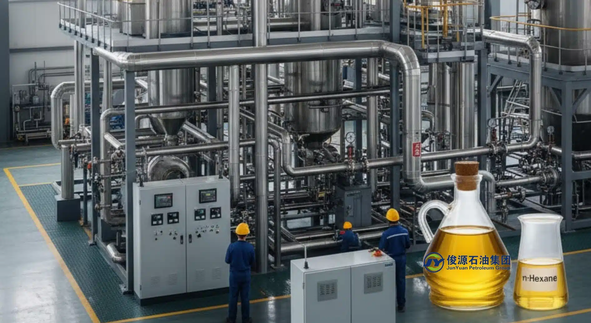 A large-scale industrial solvent extraction facility featuring stainless steel distillation towers and piping used for processing edible oil with n-Hexane.