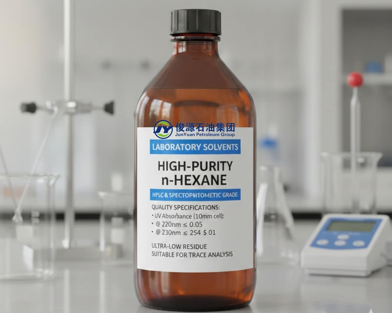 Amber glass bottle of High-Purity n-Hexane HPLC grade on a laboratory bench with UV absorbance specifications.