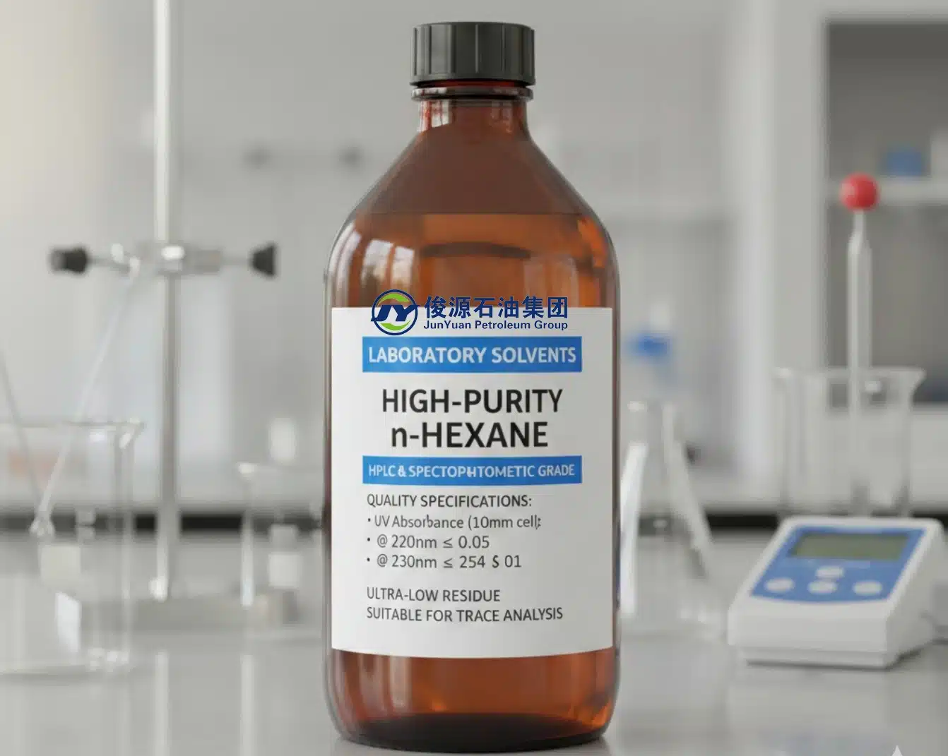 Amber glass bottle of High-Purity n-Hexane HPLC grade on a laboratory bench with UV absorbance specifications.