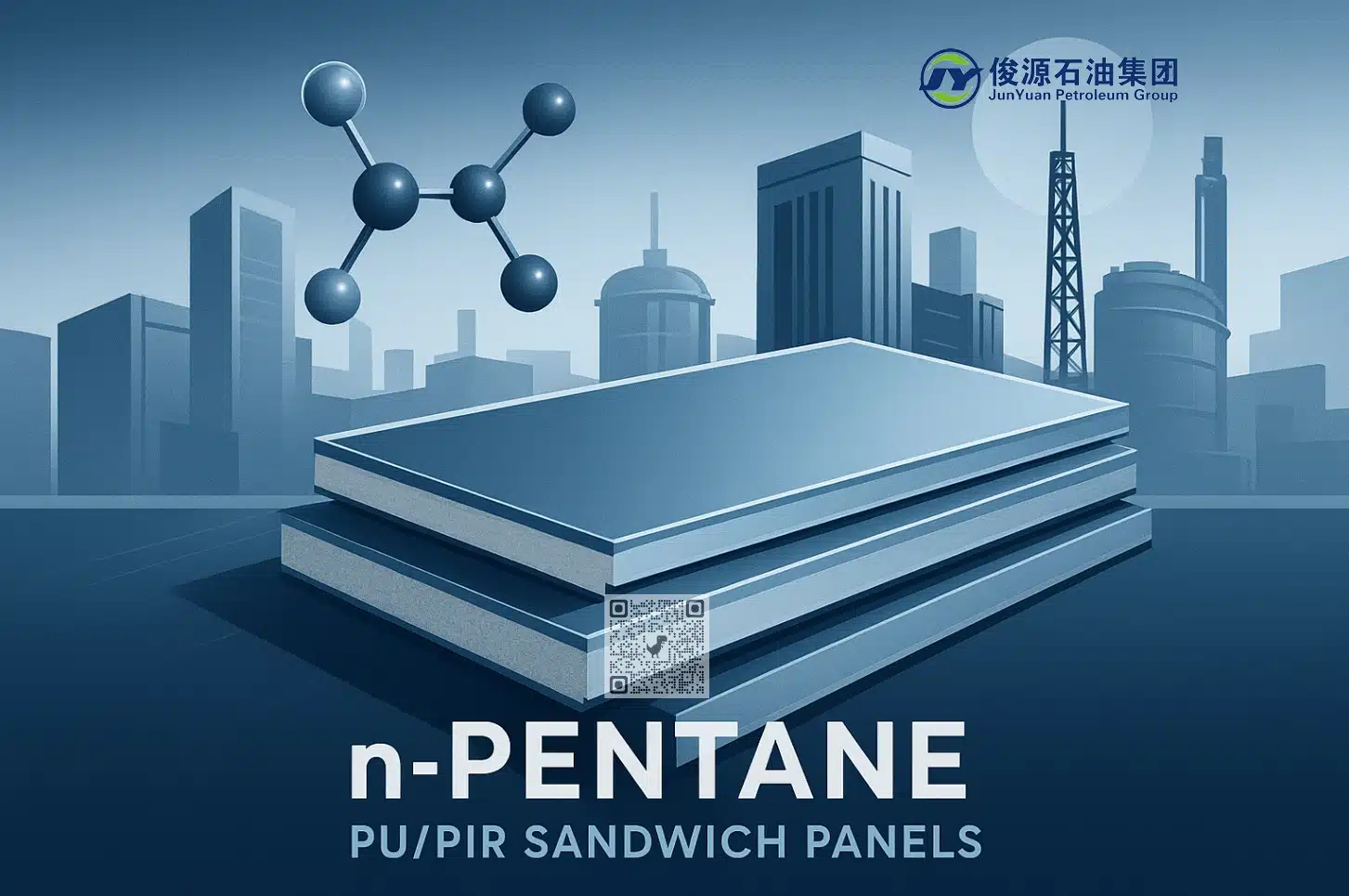 Illustration of PU/PIR sandwich panels with n‑Pentane molecules and Middle Eastern industrial architecture in cool blue tones.