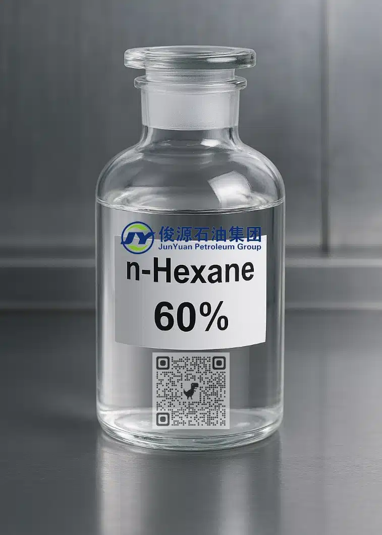 High-purity chemical solvent labeled “n-Hexane, 60%” in a transparent glass bottle on stainless steel background
