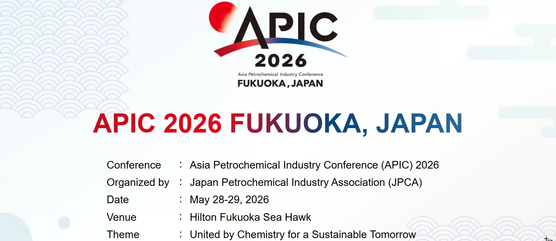 Promotional banner for APIC 2026 in Fukuoka, Japan, featuring conference details and theme.