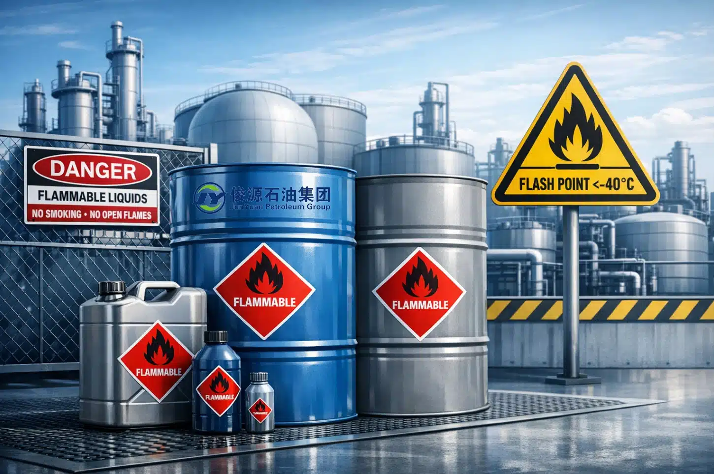 Industrial safety illustration showing chemical drums with flammable hazard symbols and flash point signage