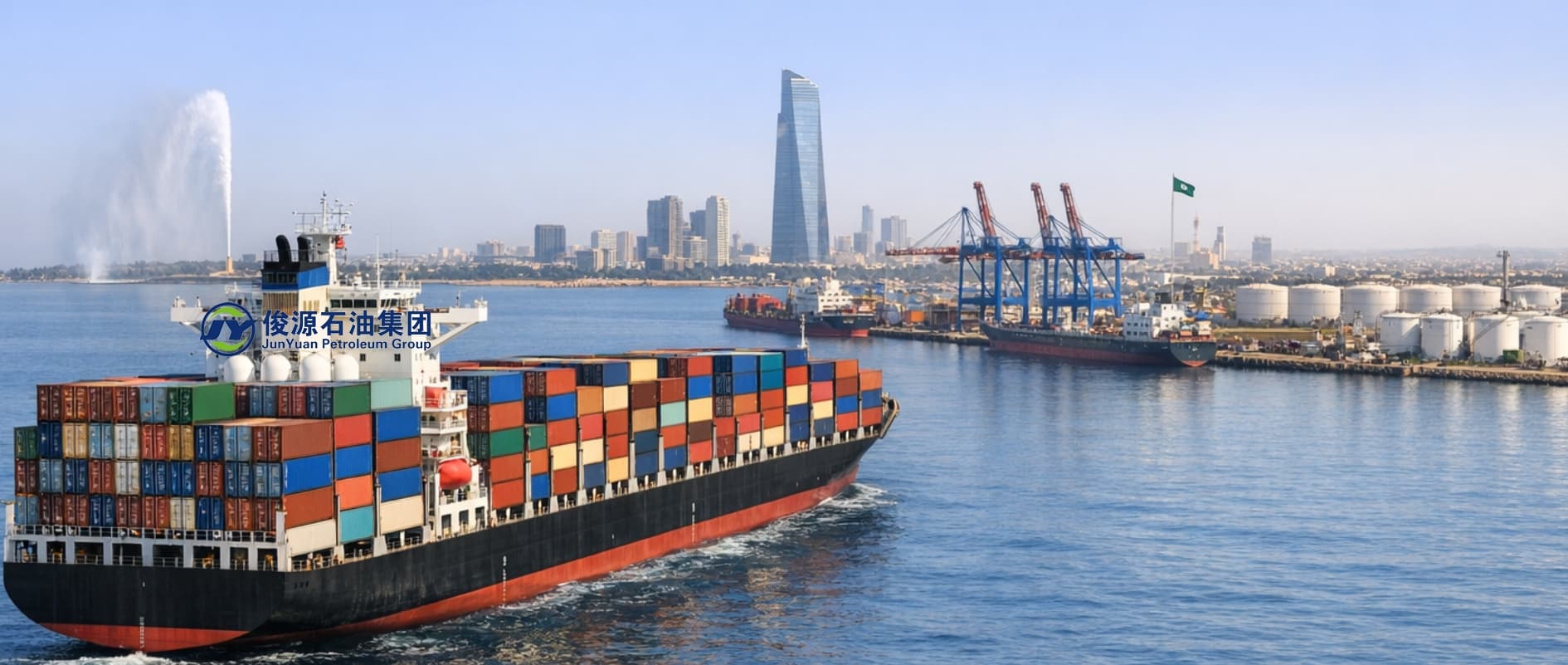 Container vessel approaching Jeddah port under clear skies, symbolizing Middle East shipping stability.