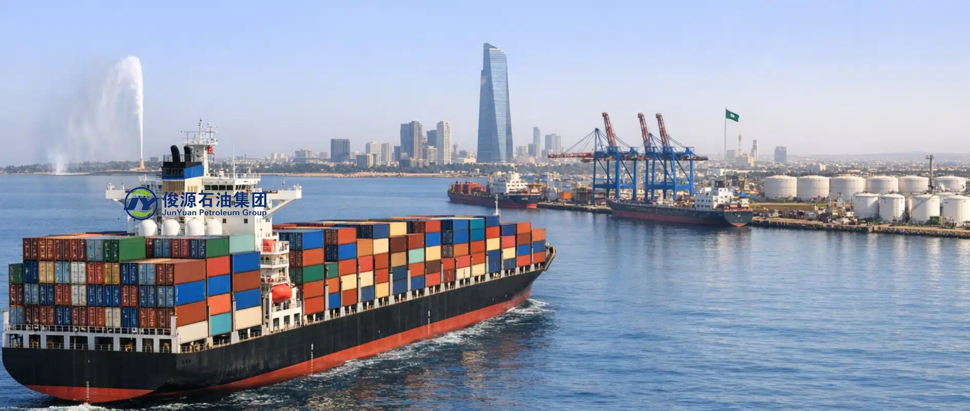 Container vessel approaching Jeddah port under clear skies, symbolizing Middle East shipping stability.