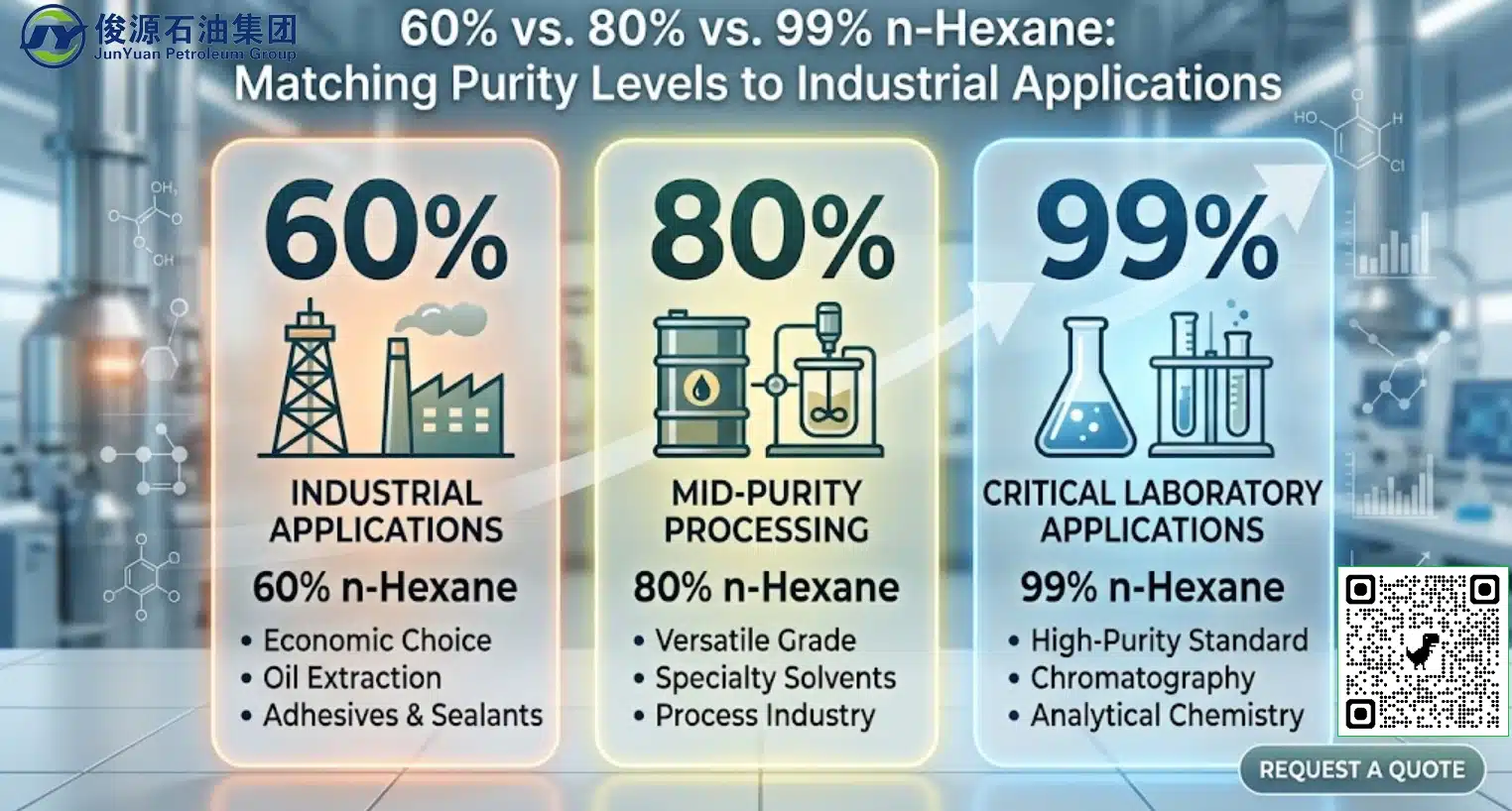 Three comparative columns displaying 60% n-Hexane for industrial applications, 80% n-Hexane for mid-purity processing, and 99% n-Hexane for critical laboratory applications, set against a modern chemical plant and laboratory background.