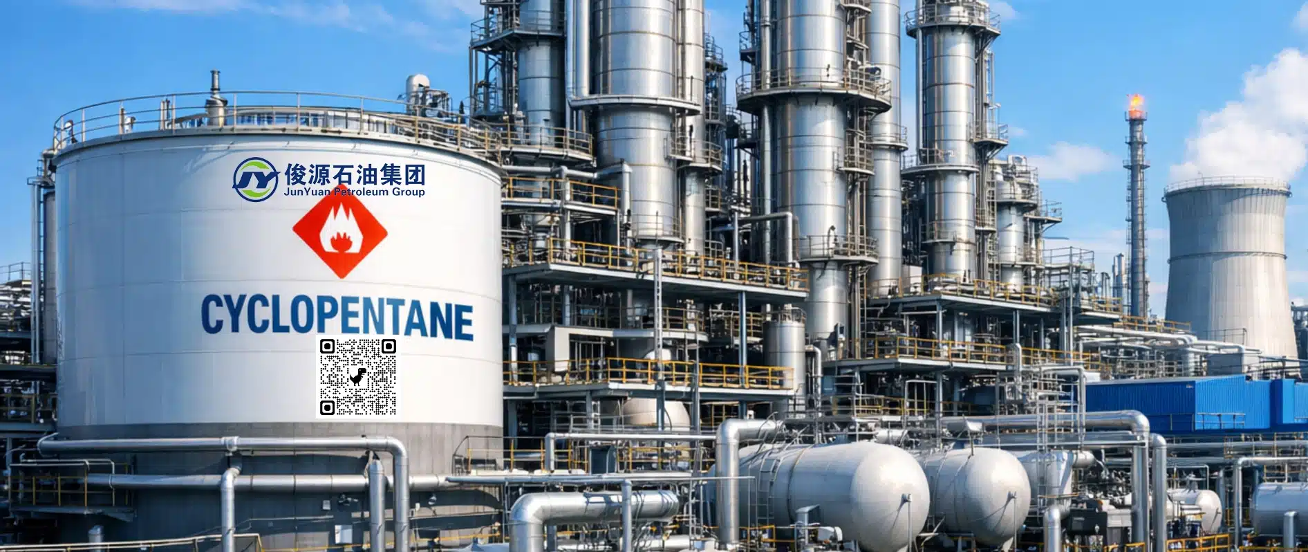 High‑resolution image of a modern Cyclopentane production facility with distillation towers, pipelines, and storage tanks under a clear blue sky.