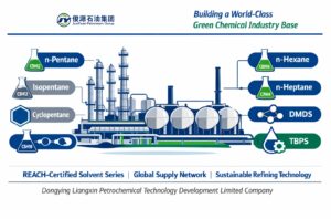Infographic banner featuring Dongying Liangxin Petrochemical Technology Development Limited Company, a wholly owned subsidiary of Junyuan Petroleum Group, showing refinery illustration and product series n‑Pentane, Isopentane, Cyclopentane, n‑Hexane, n‑Heptane, DMDS, and TBPS.