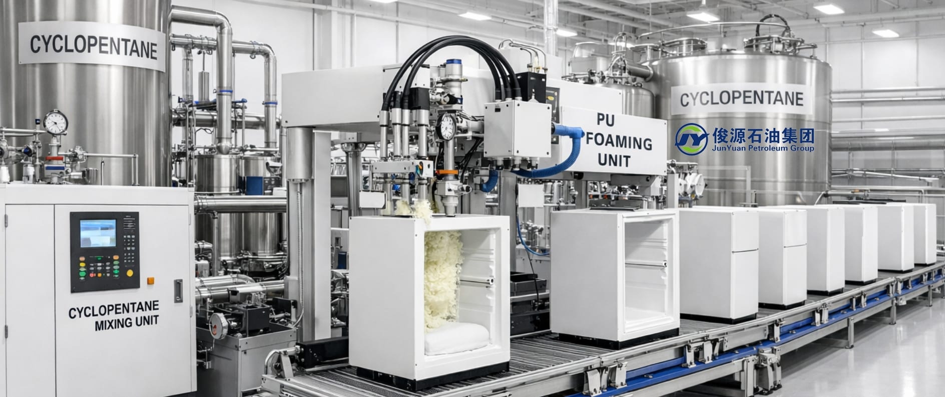 Industrial cyclopentane application scene showing refrigerator insulation foam production line with stainless‑steel machinery and PU foaming units in a modern, dust‑free factory.