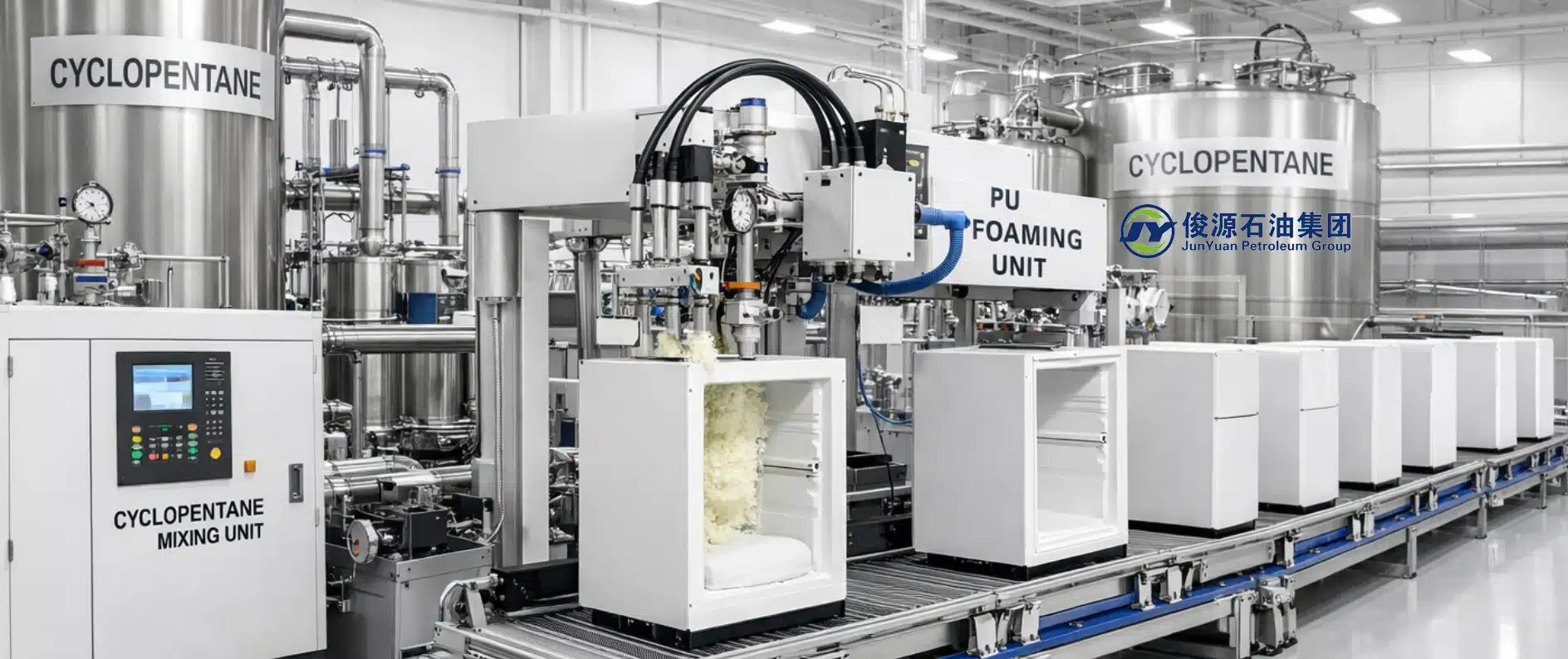 Industrial cyclopentane application scene showing refrigerator insulation foam production line with stainless‑steel machinery and PU foaming units in a modern, dust‑free factory.