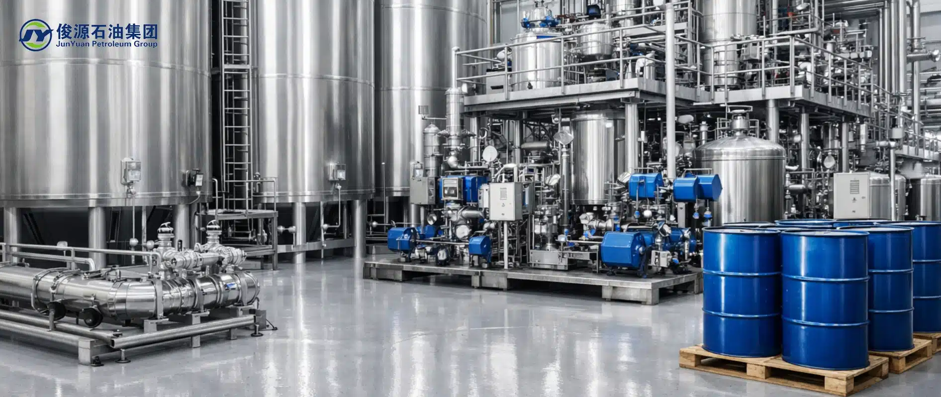Industrial n‑Heptane production facility with stainless‑steel solvent tanks and refinery‑grade hydrocarbon processing line under bright neutral lighting.