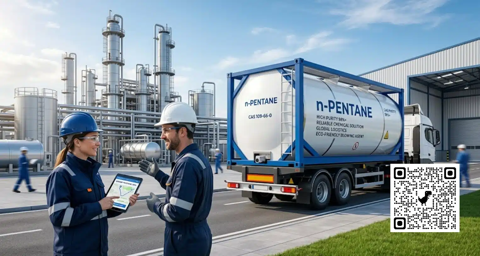 A modern petrochemical plant facility under a clear blue sky, featuring a large white ISO tank container labeled "n-PENTANE" on a blue transport trailer truck. In the foreground, a male and a female logistics manager wearing hard hats and safety gear discuss shipping logistics using a digital tablet.