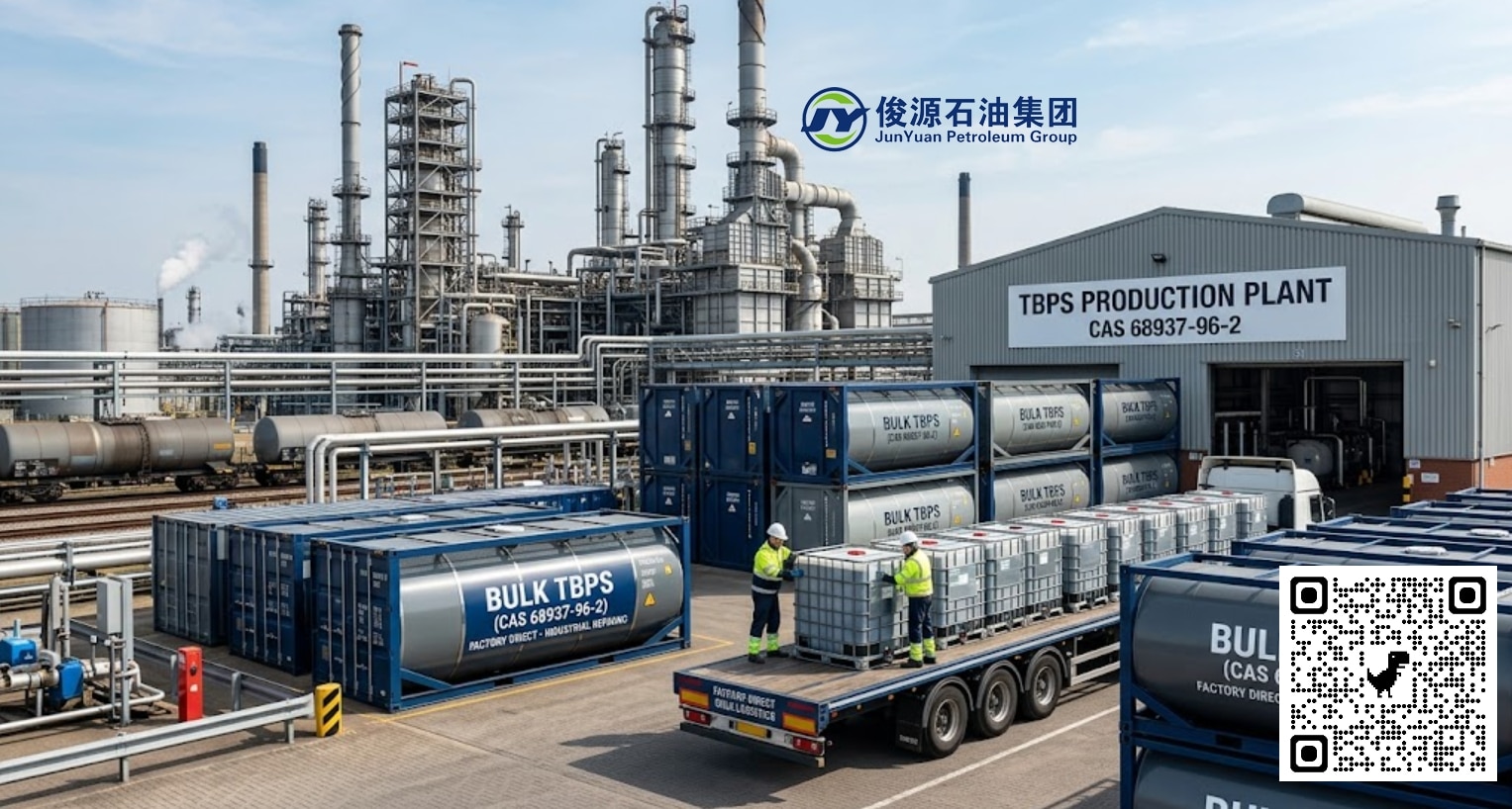 Bulk TBPS CAS 68937-96-2 storage ISO tanks and IBC totes ready for shipment at a chemical production plant for industrial distillation and refining logistics.