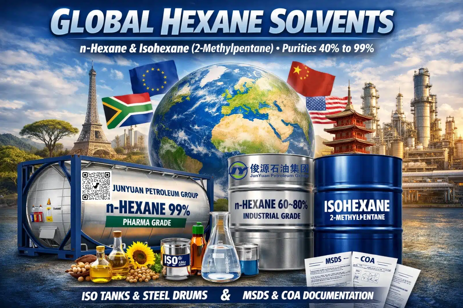 Global hexane solvents by Junyuan Petroleum Group showing n-Hexane and Isohexane in ISO tanks and steel drums with refinery background