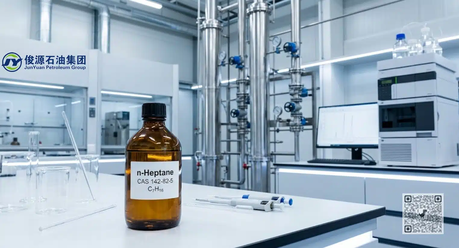 A close-up of a clear liquid chemical solvent in an amber glass laboratory bottle labeled n-Heptane CAS 142-82-5 C7H16 inside an industrial lab.