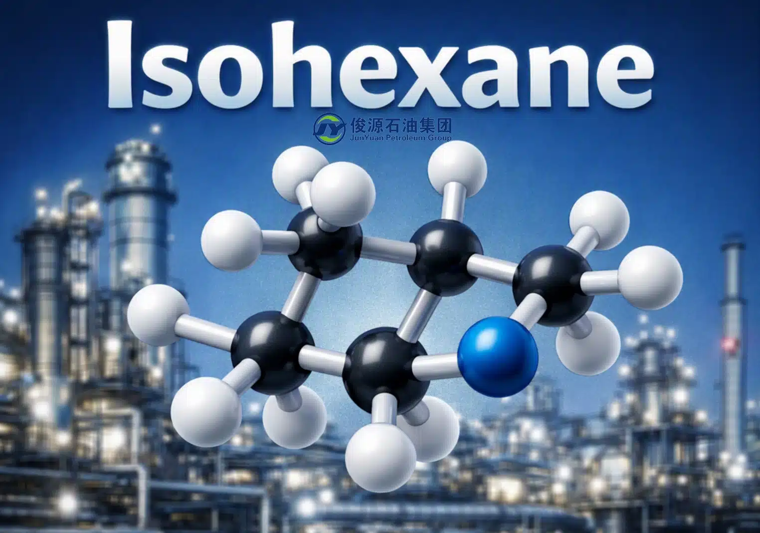 Isohexane molecular structure with industrial plant background representing chemical manufacturer.