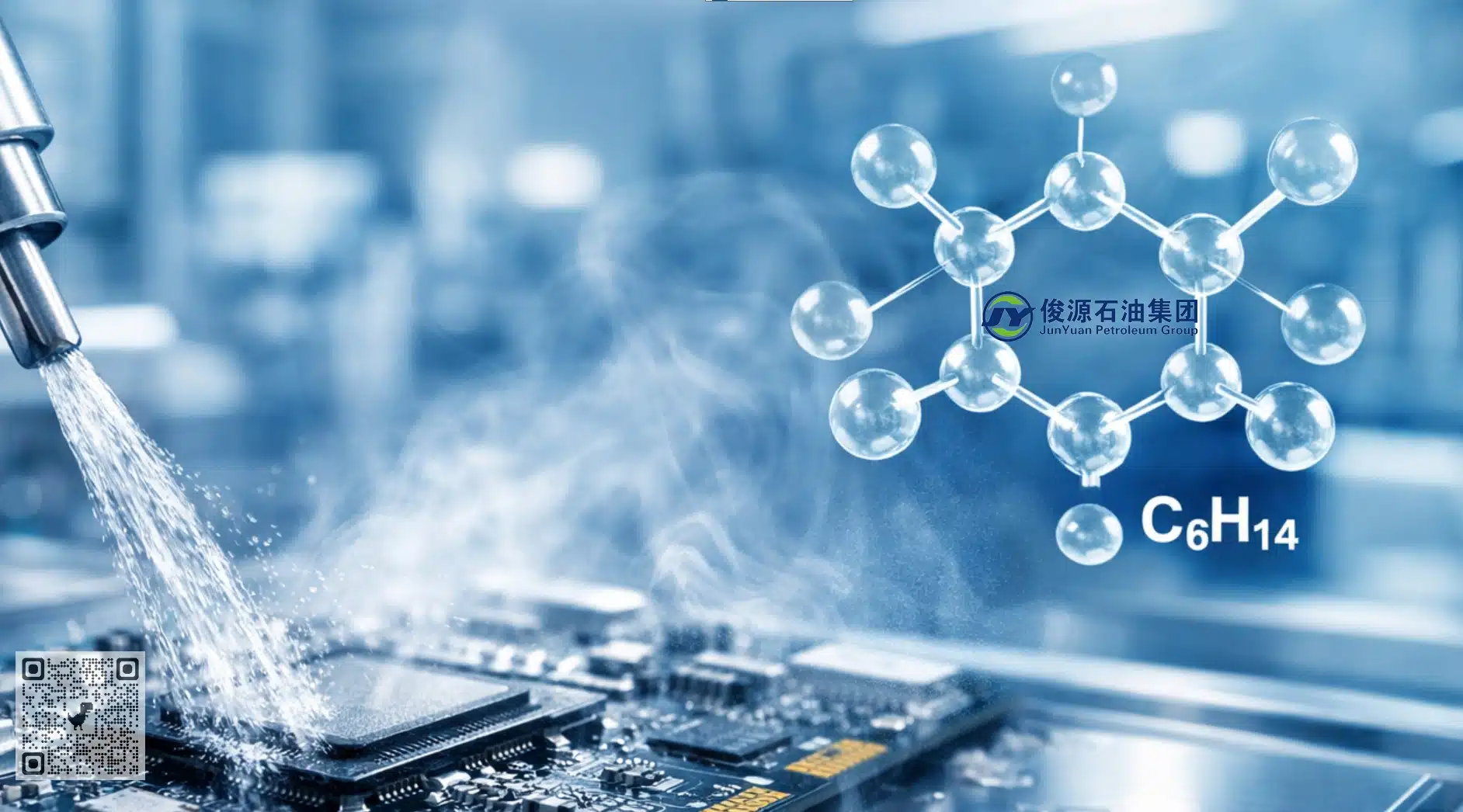 Close‑up of a PCB being precision‑cleaned with high‑purity isohexane solvent in a semiconductor cleanroom.