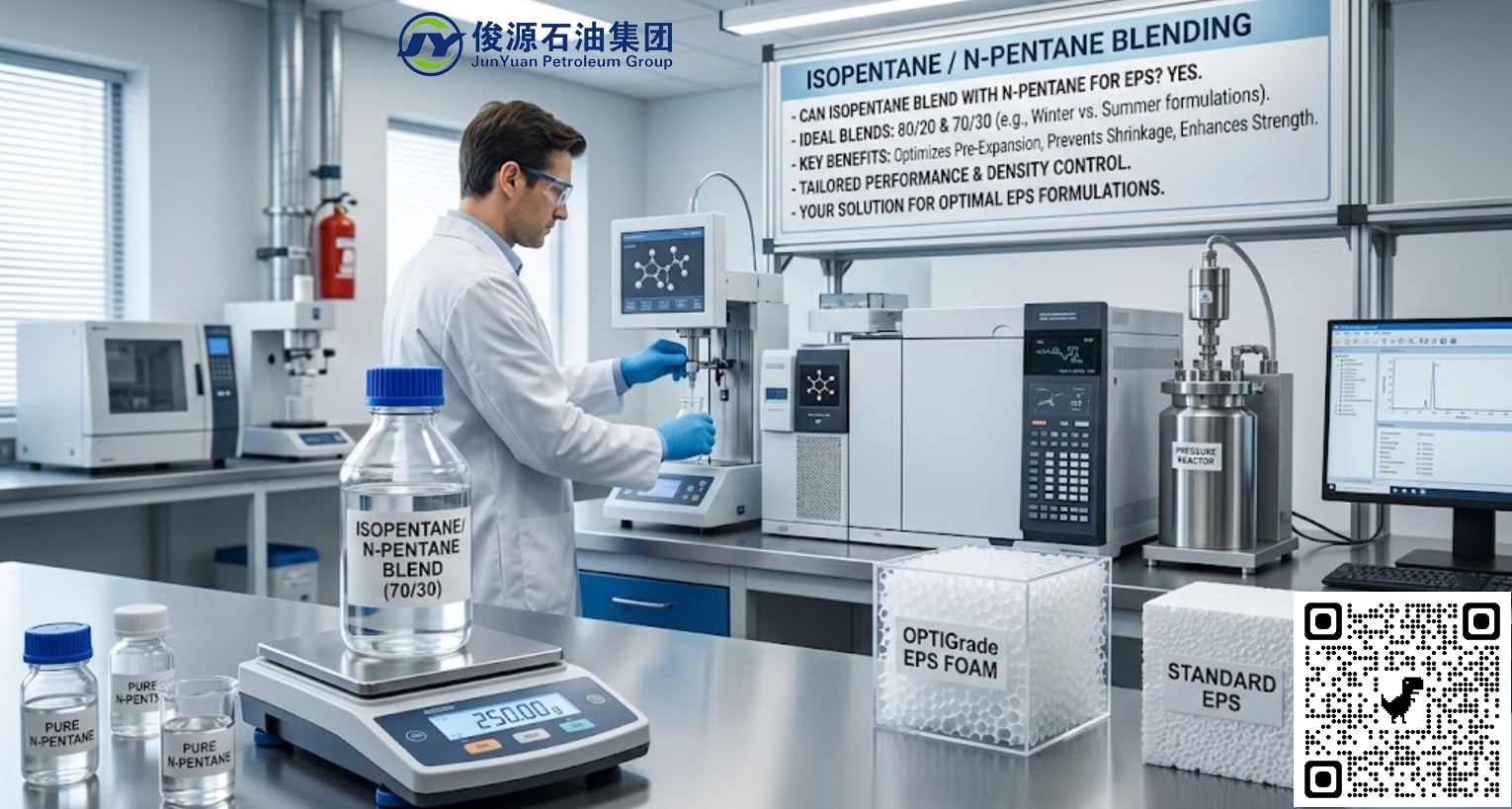 A male scientist in a white lab coat and safety glasses working in a chemical laboratory, analyzing an isopentane and n-pentane blend on a digital scale next to samples of EPS foam and a background presentation board outlining the benefits of pentane blowing agents.
