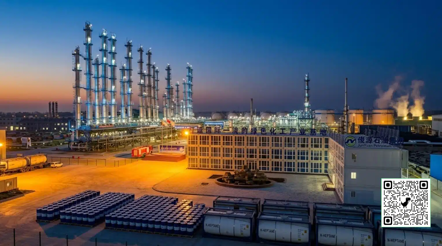 Elevated twilight view of the modern JunYuan Petroleum Group chemical manufacturing facility, showing illuminated fractionation towers, storage tanks, and ISO tanks and drums arranged for shipment in the foreground.
