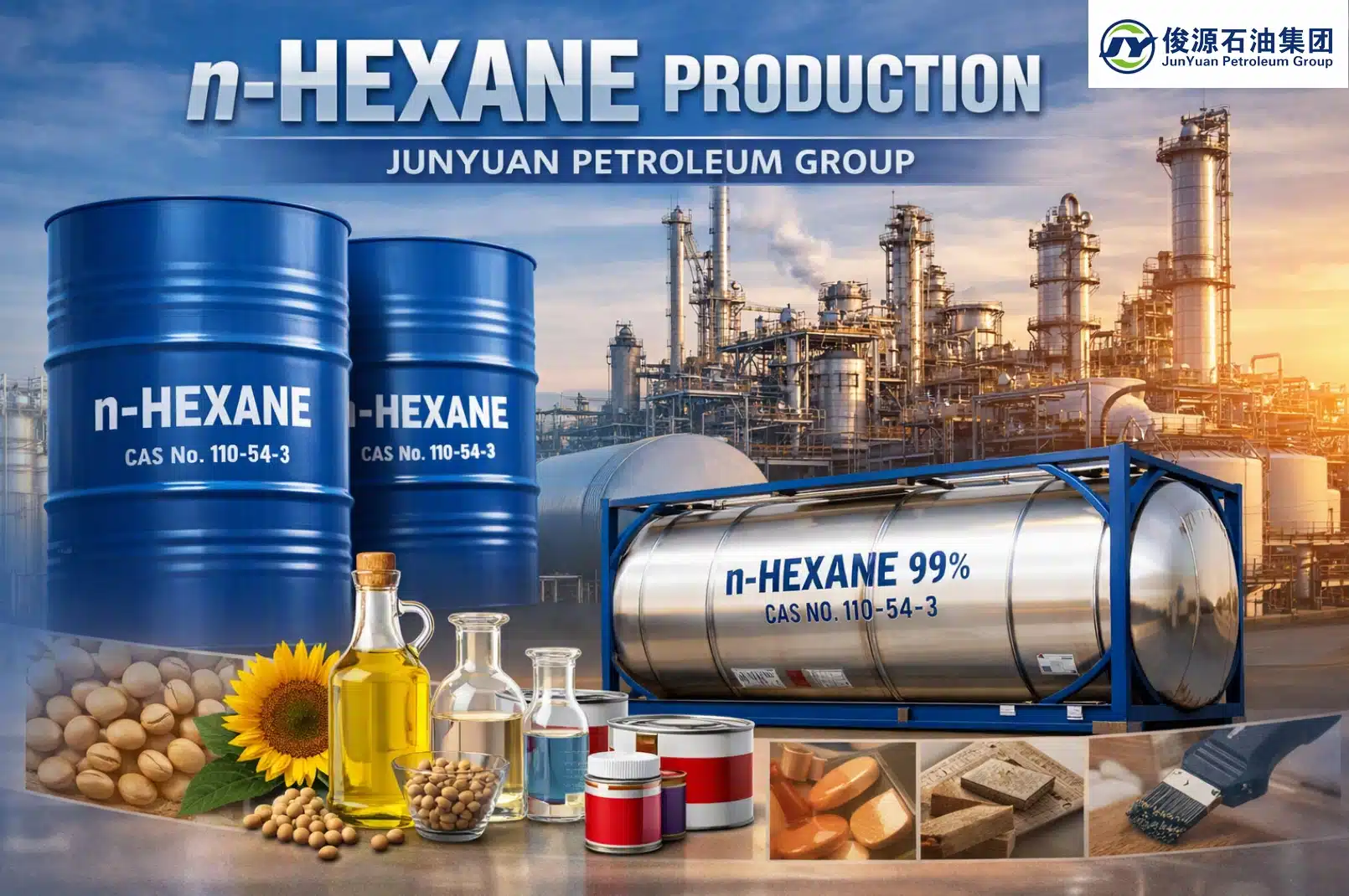 n-Hexane production at Junyuan Petroleum Group showing steel drums, ISO tank, and petrochemical plant background