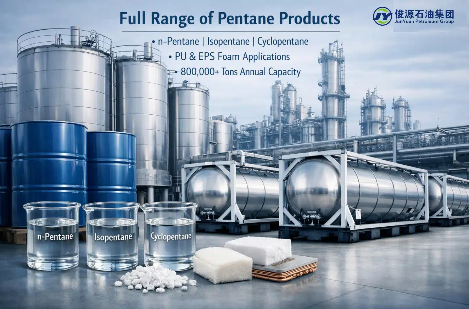 Junyuan Petroleum Group petrochemical facility with stainless steel tanks, ISO containers, and Pentane product samples