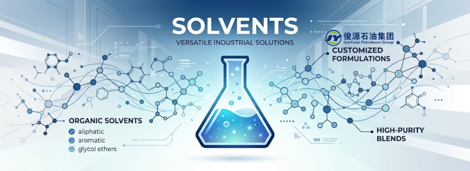 Abstract industrial banner for solvent products featuring a central geometric flask icon filled with glowing blue liquid, flanked by connected chemical dot-and-line network patterns on a clean blue and white background.