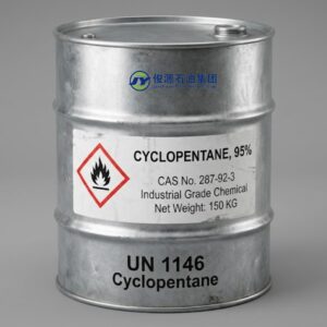 Galvanized steel drum containing Cyclopentane 95% with UN 1146 marking and GHS flammable liquid hazard diamond, on a neutral studio background.