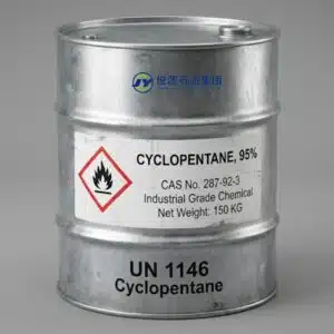 Galvanized steel drum containing Cyclopentane 95% with UN 1146 marking and GHS flammable liquid hazard diamond, on a neutral studio background.