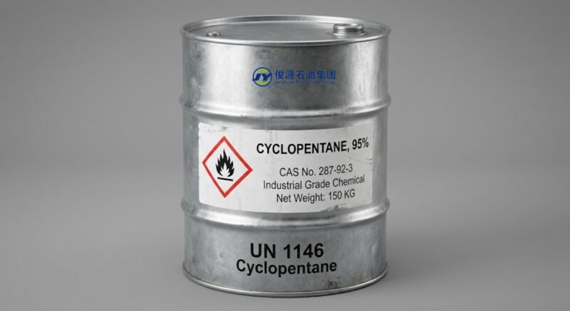 Galvanized steel drum containing Cyclopentane 95% with UN 1146 marking and GHS flammable liquid hazard diamond, on a neutral studio background.
