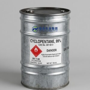 Galvanized steel drum (150KG) containing Cyclopentane 99% with CAS 287-92-3, GHS Flammable Liquid hazard diamond, and UN 1146 marking on a studio background.