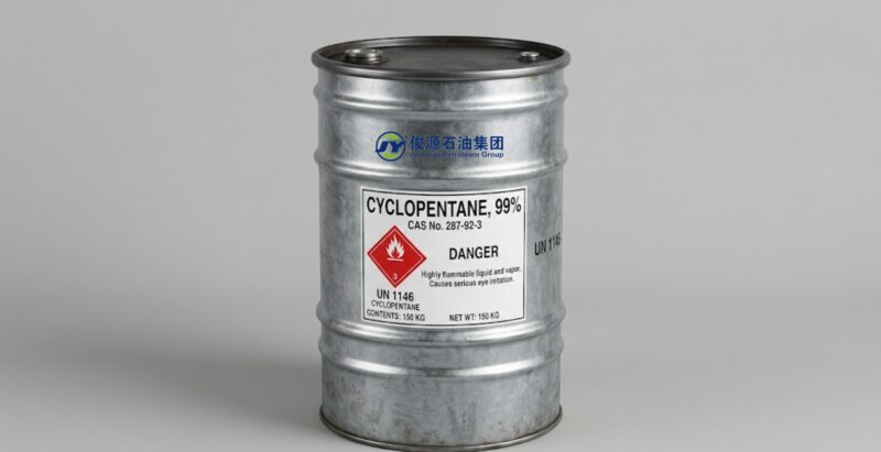 Galvanized steel drum (150KG) containing Cyclopentane 99% with CAS 287-92-3, GHS Flammable Liquid hazard diamond, and UN 1146 marking on a studio background.