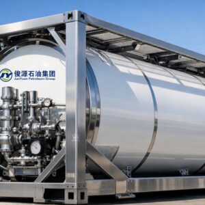 High-purity Isobutane T50 ISO tank container in a clean petrochemical terminal with stainless steel frame and valve manifold.