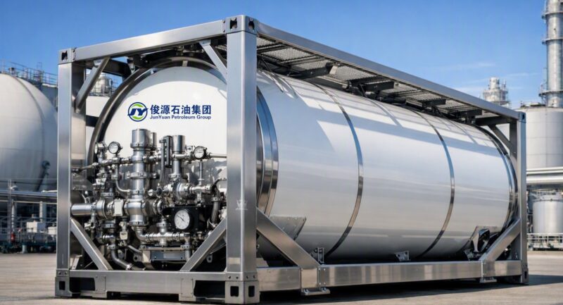 High-purity Isobutane T50 ISO tank container in a clean petrochemical terminal with stainless steel frame and valve manifold.