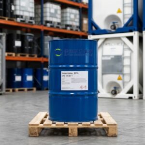 Isooctane 99% (CAS 540-84-1) steel drum on a wooden pallet inside a clean industrial warehouse with ISO tank containers in the background.