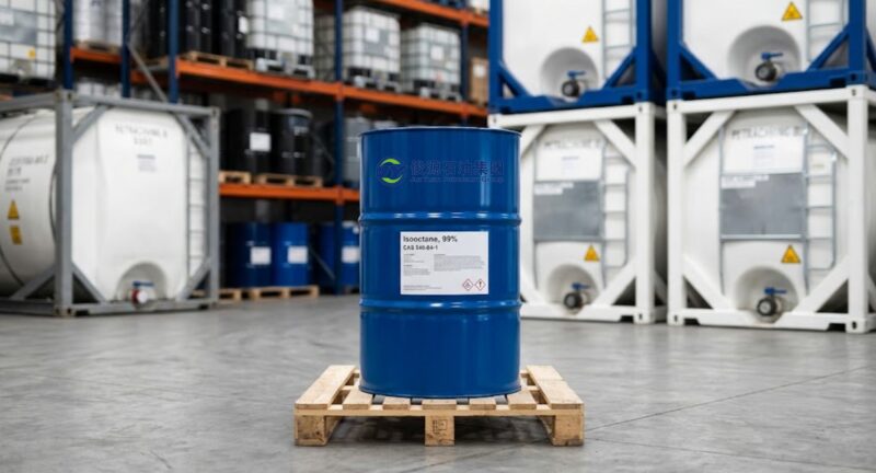 Isooctane 99% (CAS 540-84-1) steel drum on a wooden pallet inside a clean industrial warehouse with ISO tank containers in the background.