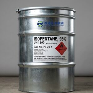 200L galvanized steel drum containing 95% Isopentane (CAS 78-78-4) with a GHS flammable liquid hazard label, set against a neutral studio background.
