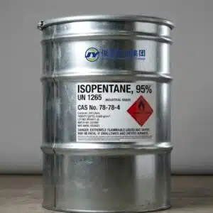 200L galvanized steel drum containing 95% Isopentane (CAS 78-78-4) with a GHS flammable liquid hazard label, set against a neutral studio background.