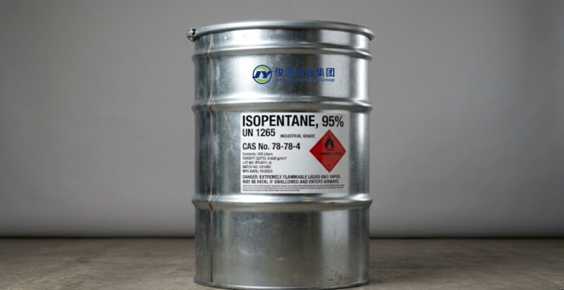 200L galvanized steel drum containing 95% Isopentane (CAS 78-78-4) with a GHS flammable liquid hazard label, set against a neutral studio background.