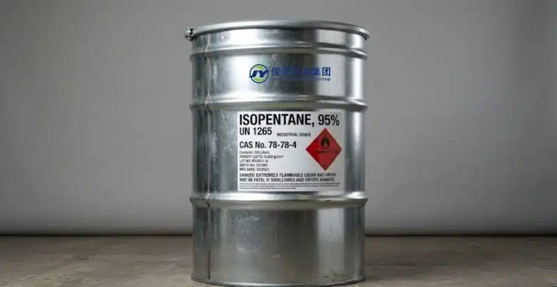 200L galvanized steel drum containing 95% Isopentane (CAS 78-78-4) with a GHS flammable liquid hazard label, set against a neutral studio background.