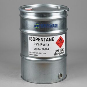 200L galvanized steel drum containing 99% Isopentane with GHS flammable hazard label, CAS 78-78-4, and UN 1265 markings on a neutral gray background.