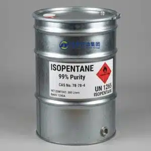 200L galvanized steel drum containing 99% Isopentane with GHS flammable hazard label, CAS 78-78-4, and UN 1265 markings on a neutral gray background.