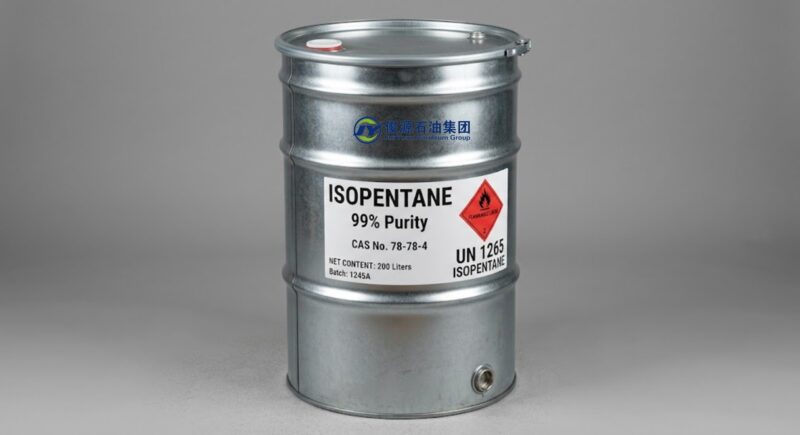 200L galvanized steel drum containing 99% Isopentane with GHS flammable hazard label, CAS 78-78-4, and UN 1265 markings on a neutral gray background.